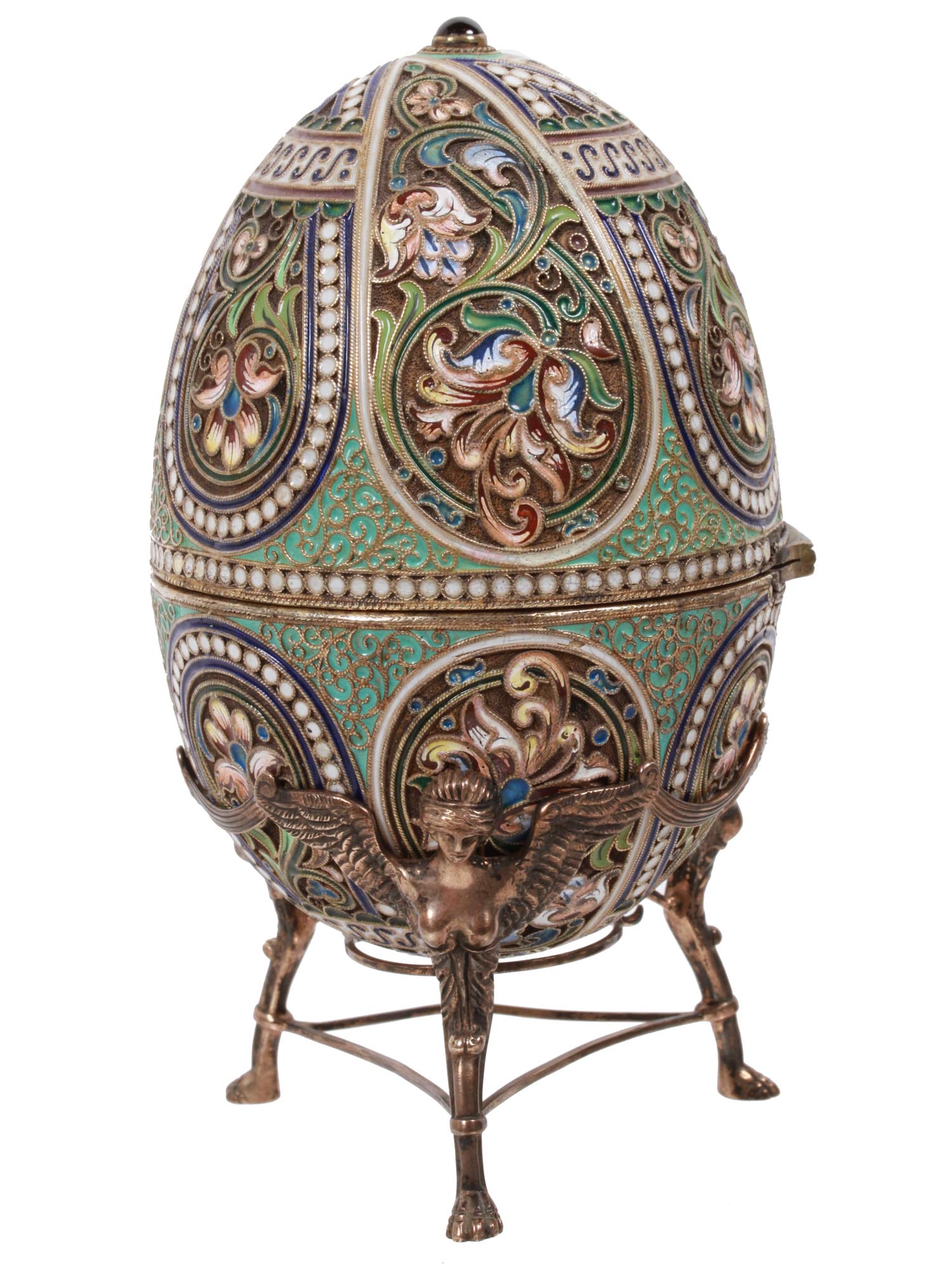 RUSSIAN GILT SILVER ENAMLED EASTER EGG WITH STAND PIC-1